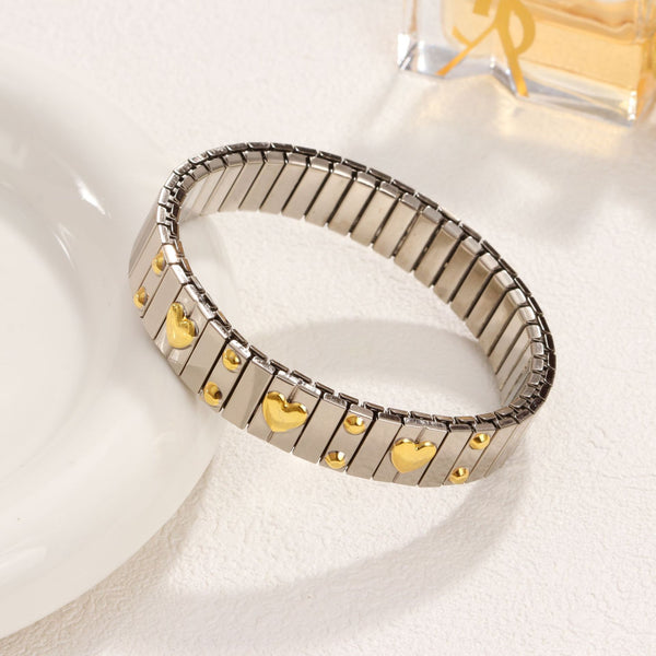 Two Tone Heart 18K Gold Silver Stainless Steel Expandable Stackable Anti Tarnish Bracelet For Women Main image