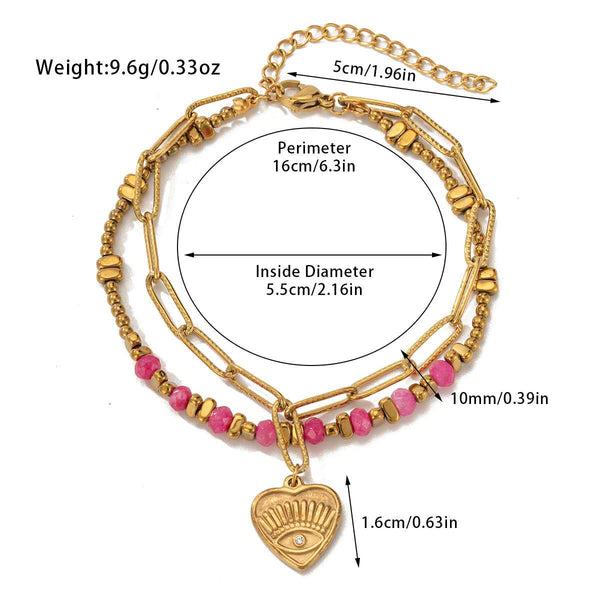 Heart 18K Gold Pink Beads Dual Layer Stainless Steel Anti Tarnish Link Chain Bracelet For Women Secondary image