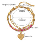 Heart 18K Gold Pink Beads Dual Layer Stainless Steel Anti Tarnish Link Chain Bracelet For Women