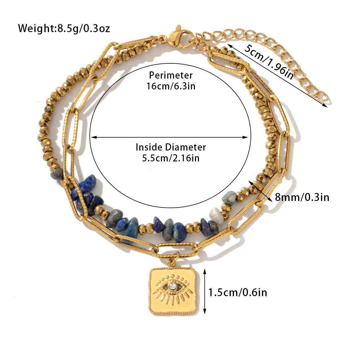 Evil Eye 18K Gold Blue Beads Dual Layer Stainless Steel Anti Tarnish Link Chain Bracelet For Women