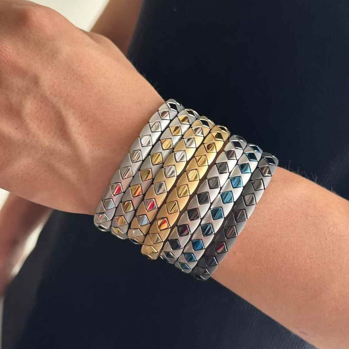 Square Shape On Surface Black Stainless Steel Anti Tarnish Stackable Bracelet For Men Main image