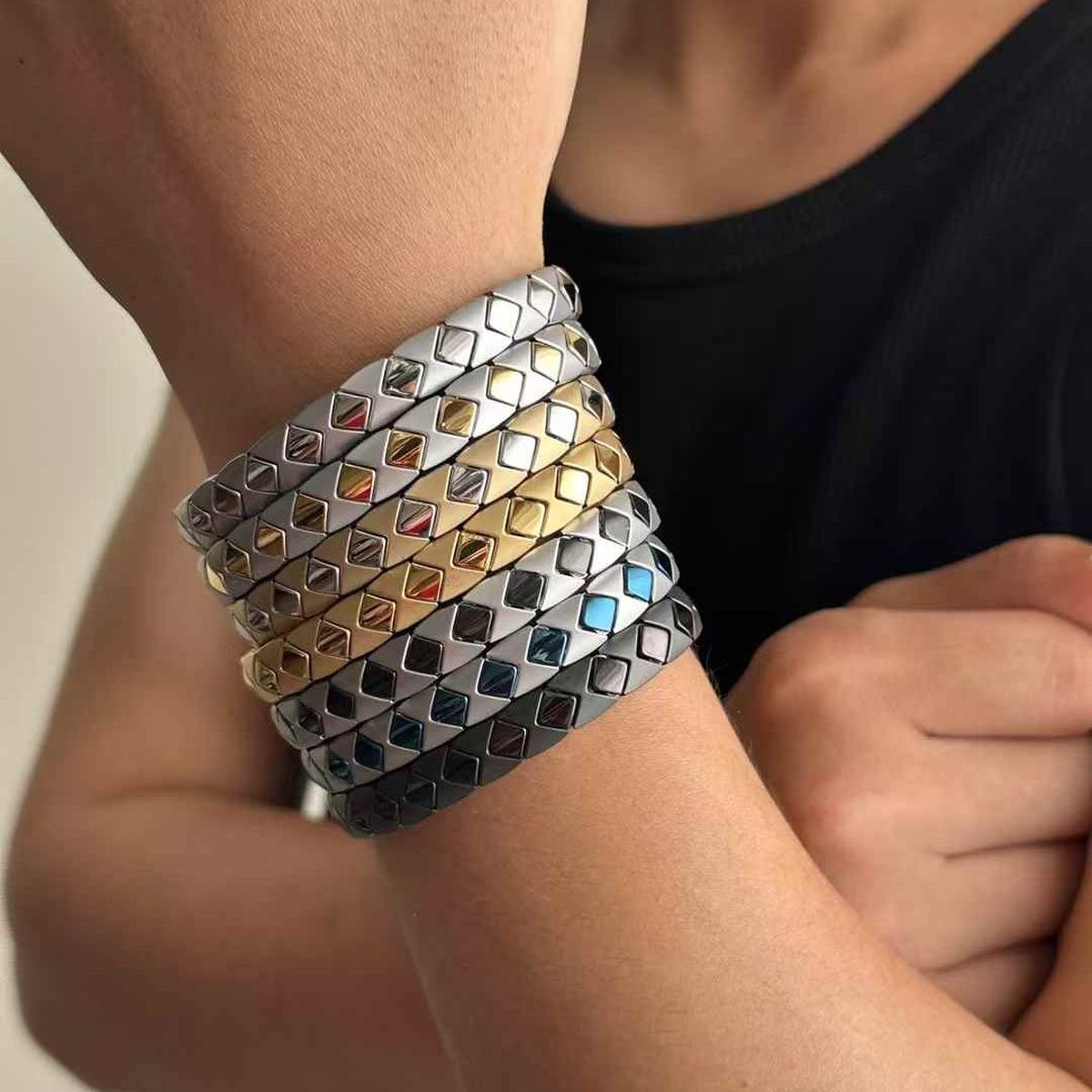 Square Shape On Surface Black Stainless Steel Anti Tarnish Stackable Bracelet For Men Secondary image