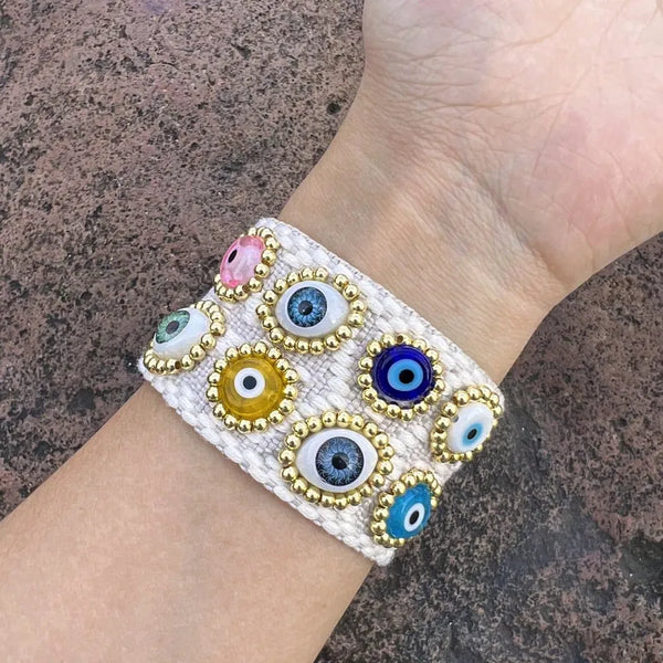 Evil Eye On Surface Gold Fabric Wrist Band Adjustable Bracelet Bulk Main image