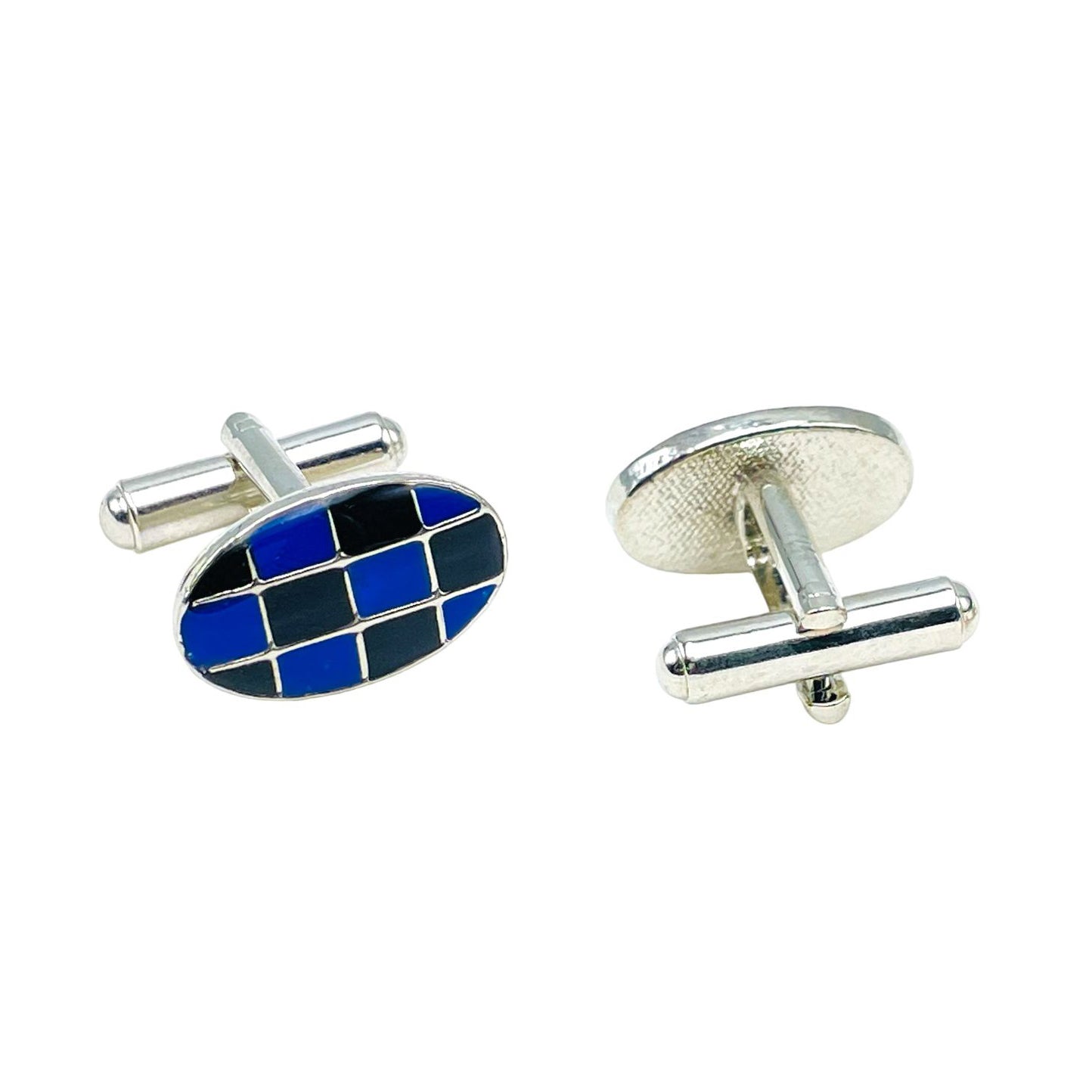 Oval Blue Checks Cufflinks In Box