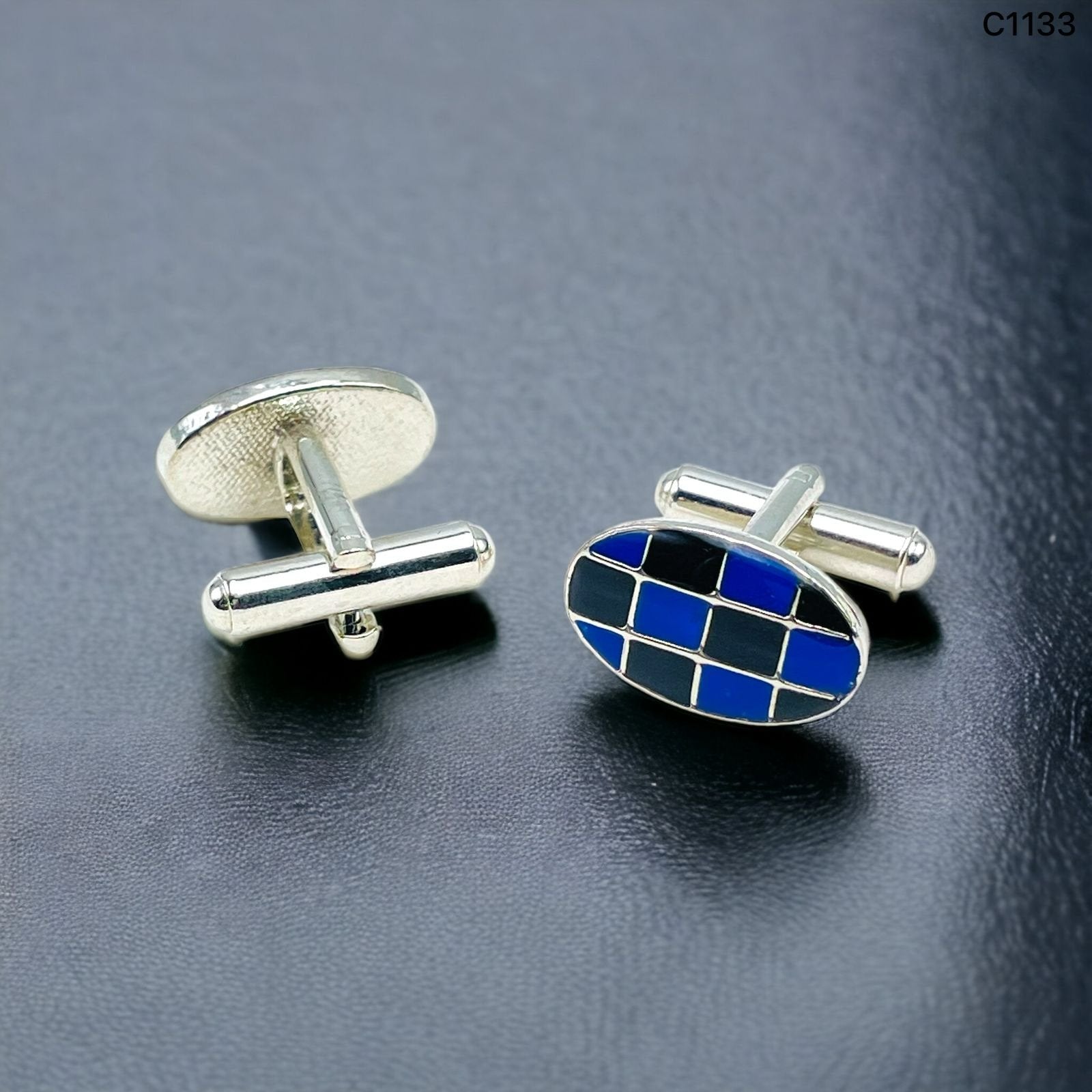 Oval Blue Checks Cufflinks In Box Main image