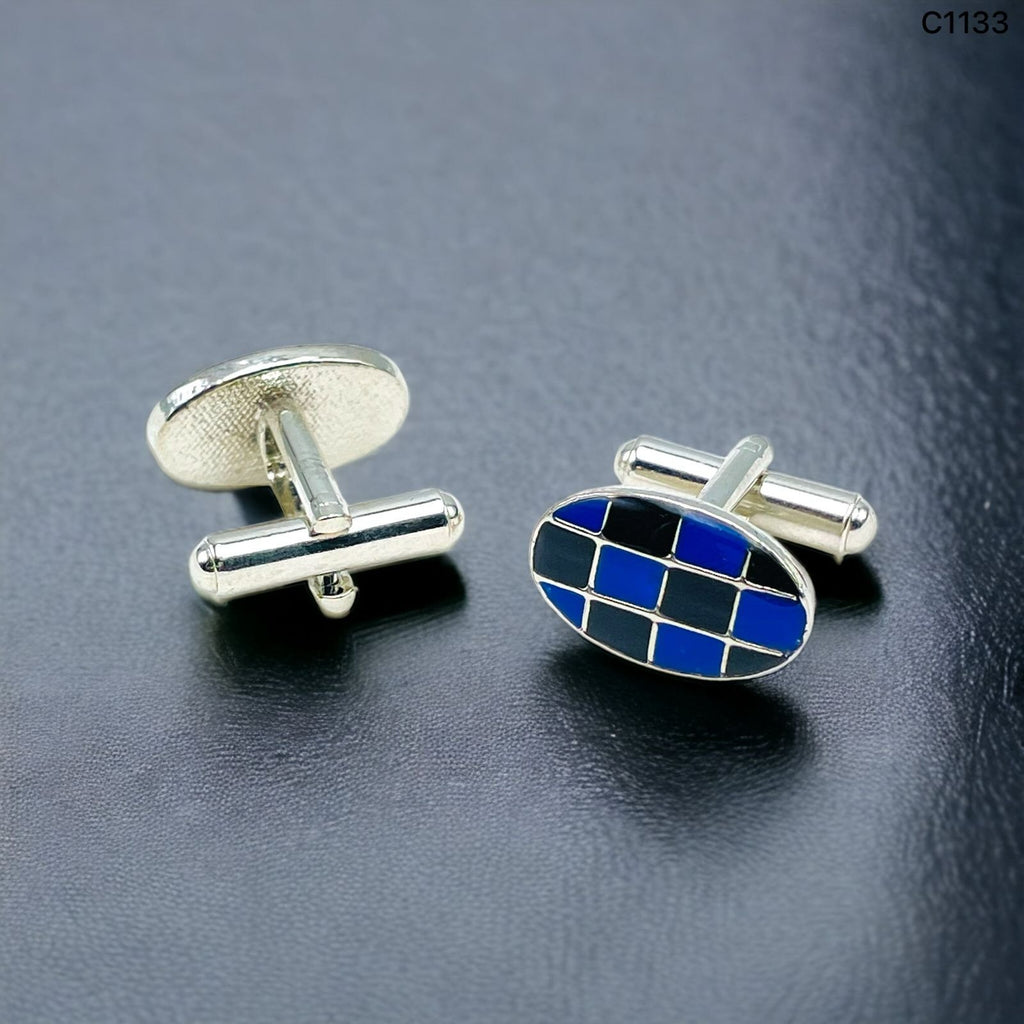 Oval Blue Checks Cufflinks In Box