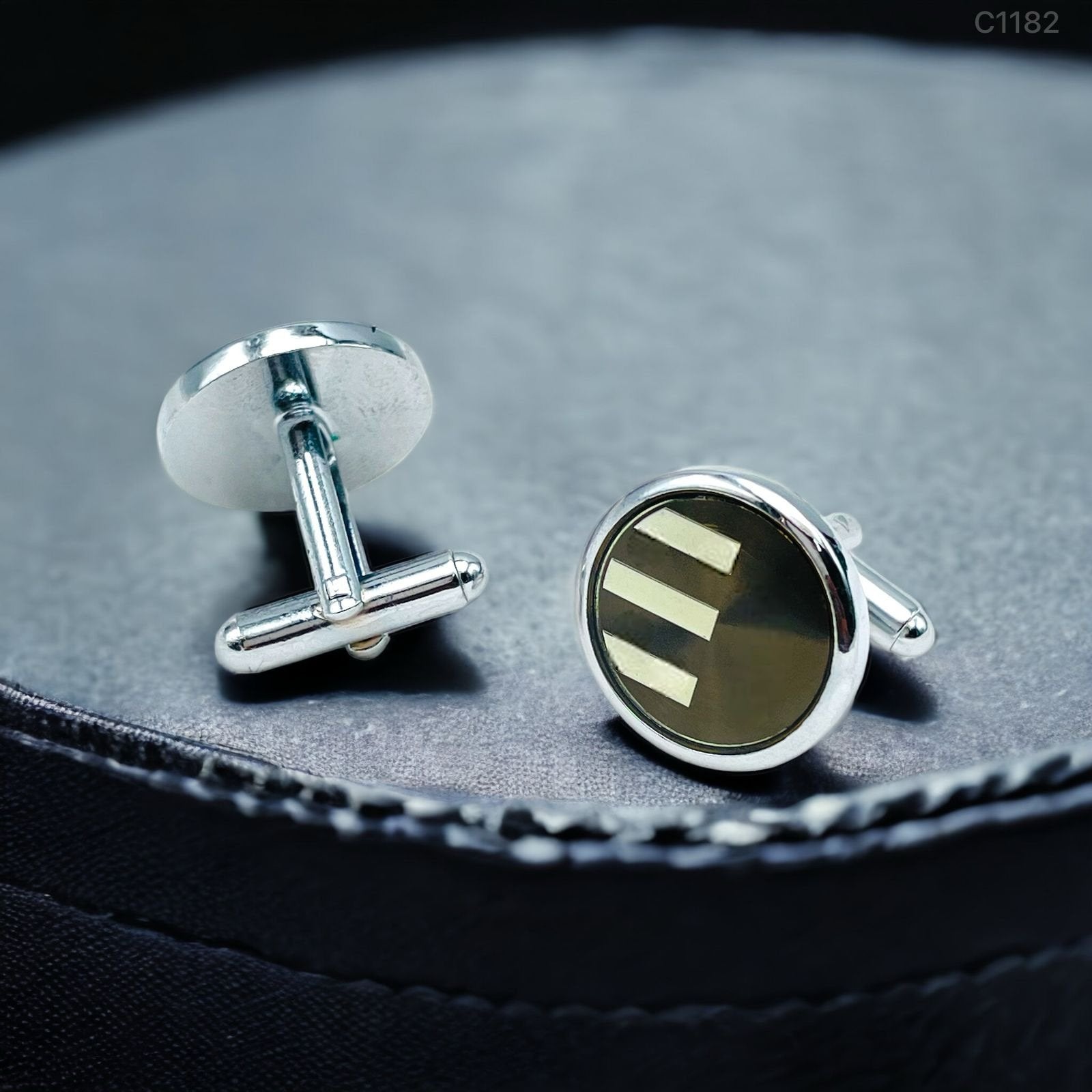Round Grey Stripes Cufflinks In Box Bulk