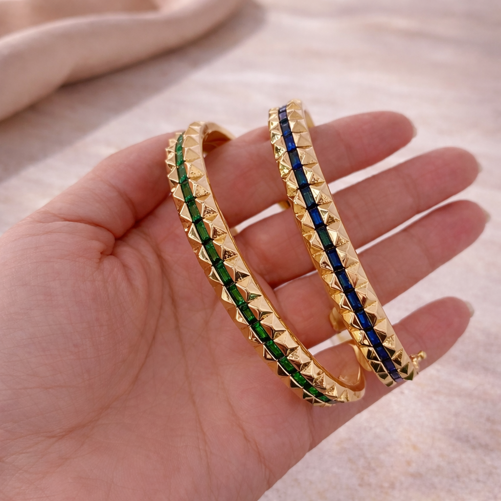 Bulk Blue Green Oval Shape Gold CZ Anti Tarnish Brass Cuff & Kada Main image