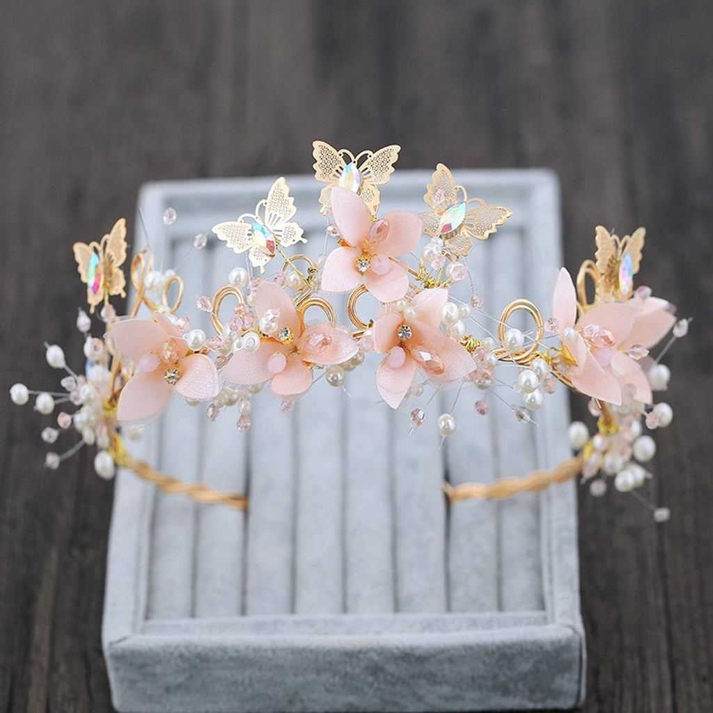 Butterfly Flower 18K Gold Pink Pearl Cubic Zirconia Anti Tarnish Hair Band Hair Accessories For Women