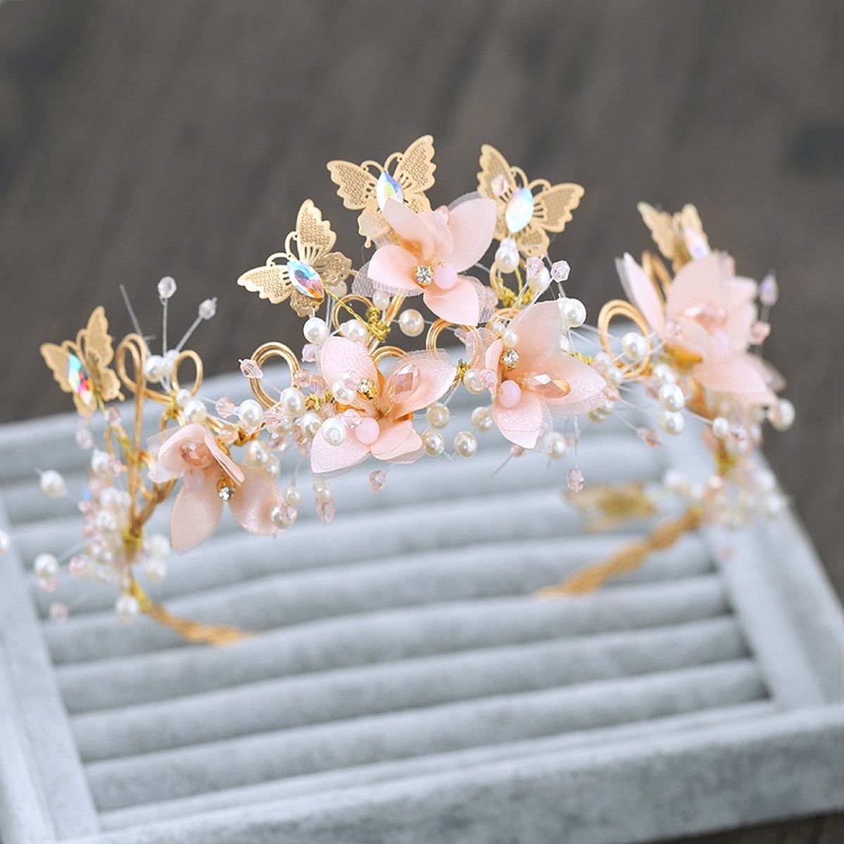 Butterfly Flower 18K Gold Pink Pearl Cubic Zirconia Anti Tarnish Hair Band Hair Accessories For Women