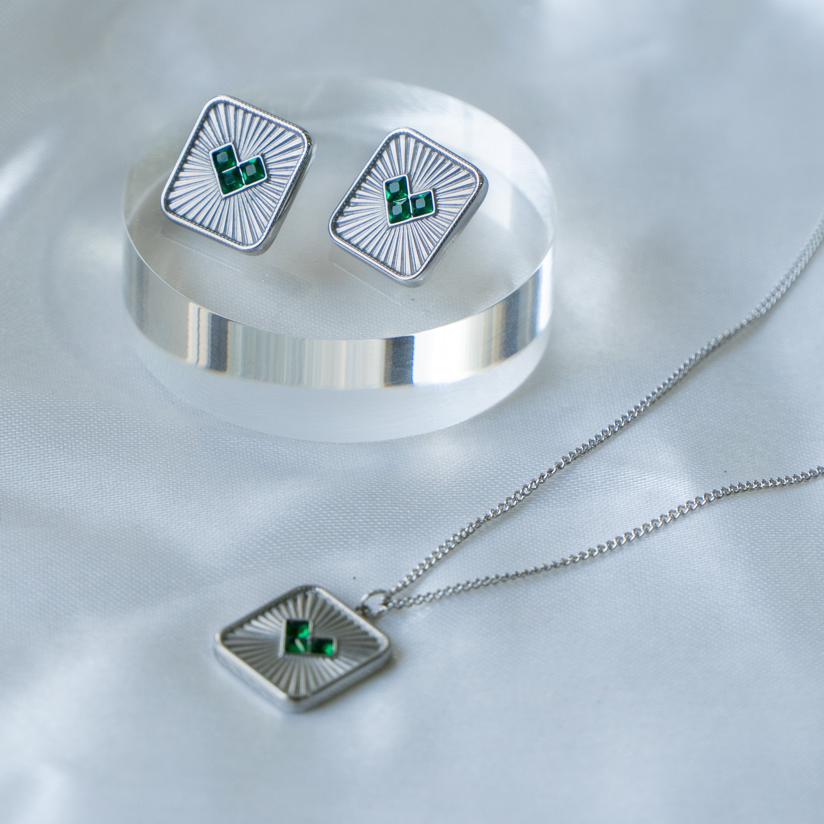 Square Heart Crystal Green Silver Stainless Steel Anti Tarnish Necklace Earring Set For Women Main image