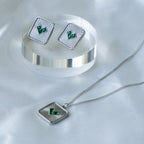 Square Heart Crystal Green Silver Stainless Steel Anti Tarnish Necklace Earring Set For Women