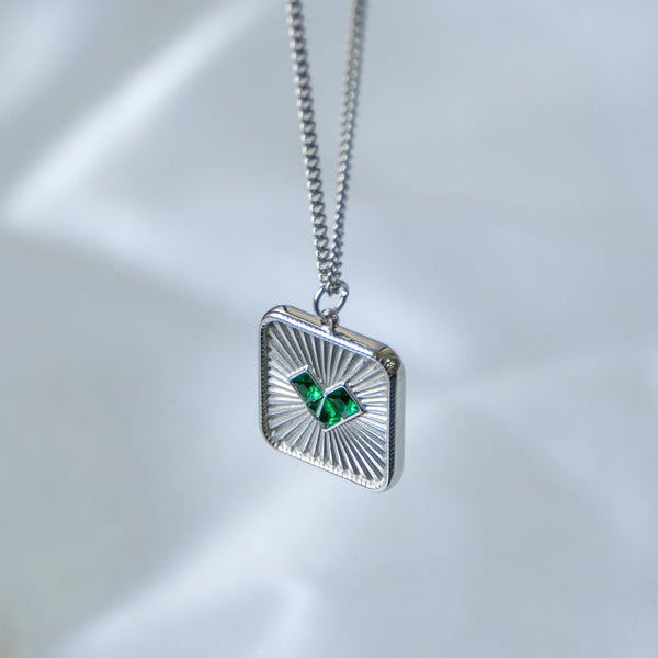 Square Heart Crystal Green Silver Stainless Steel Anti Tarnish Necklace Earring Set For Women Secondary image