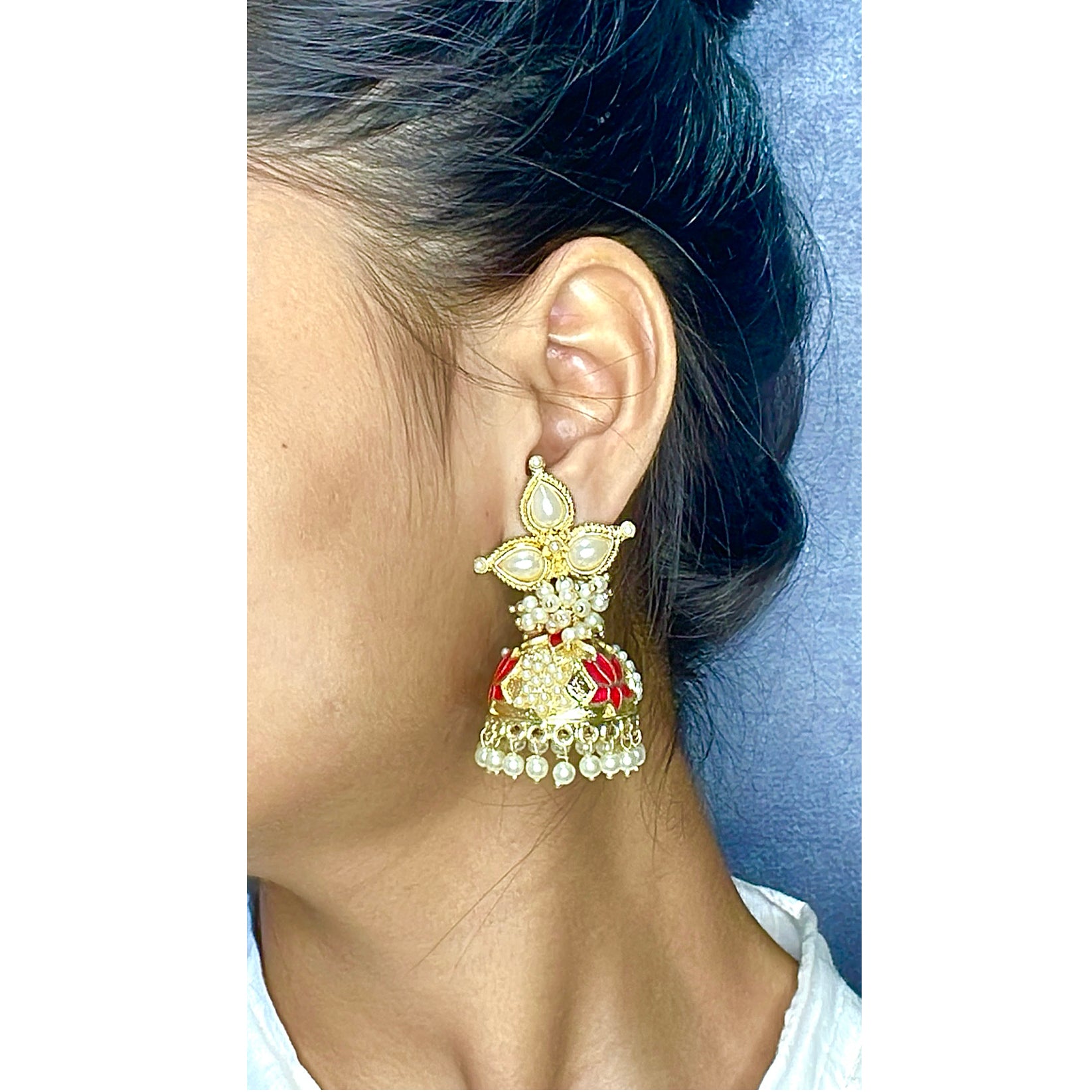 Red Meenakari Lotus Pearl Jhumki Earring For Women Bulk