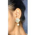 Square Pink Green Pearl Antique Gold Plated Earring For Women Bulk