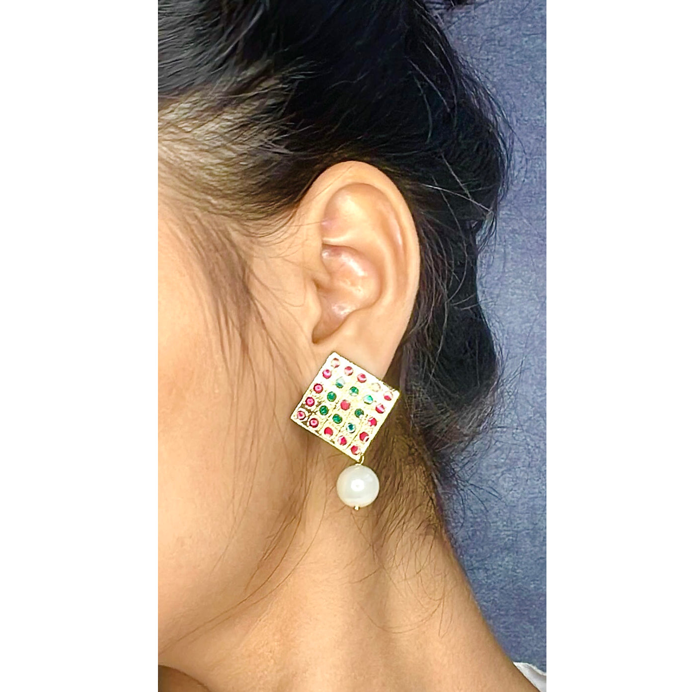 Square Pink Green Pearl Antique Gold Plated Earring For Women Bulk
