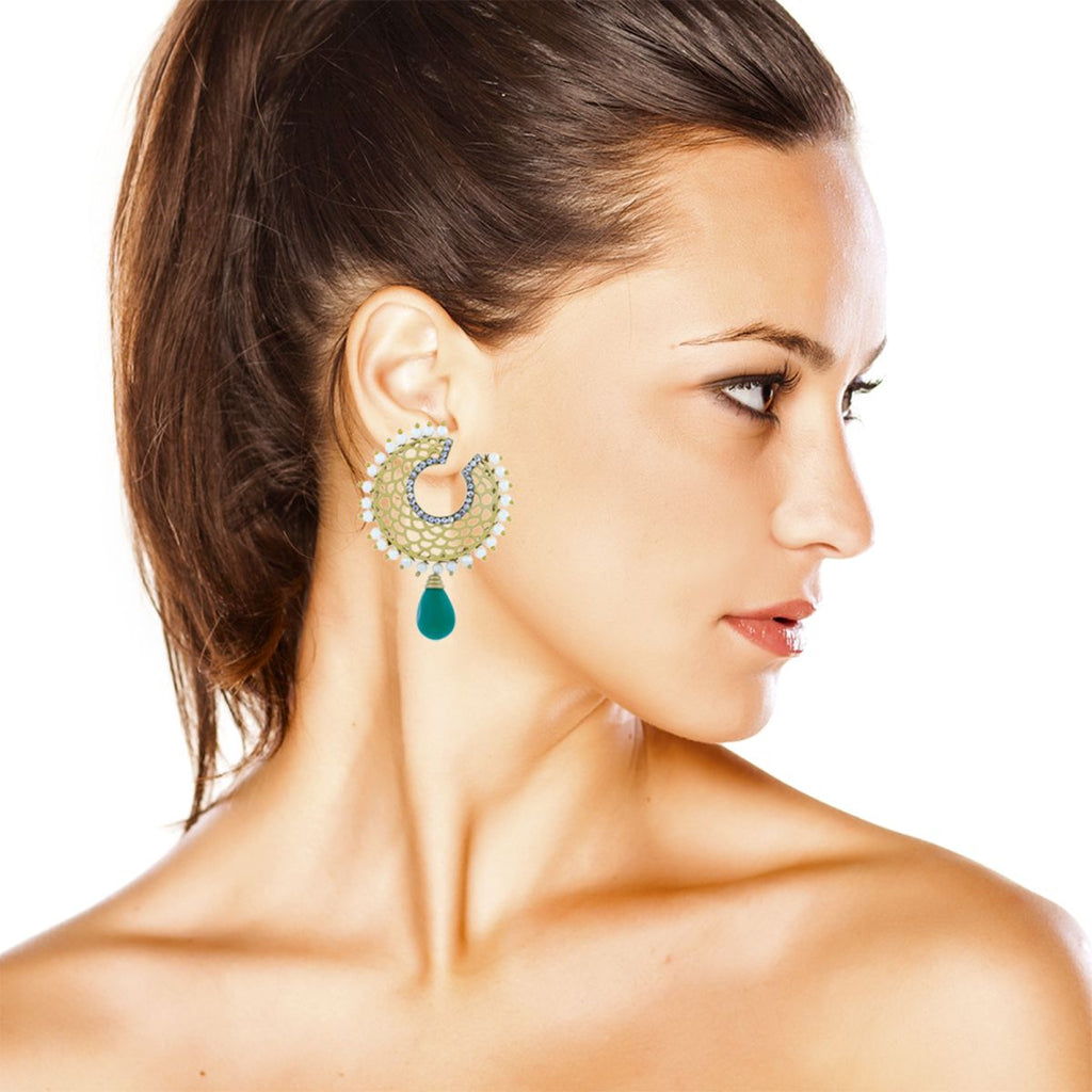 Filigree Chaand Gold Plated Green Drop Earring For Women