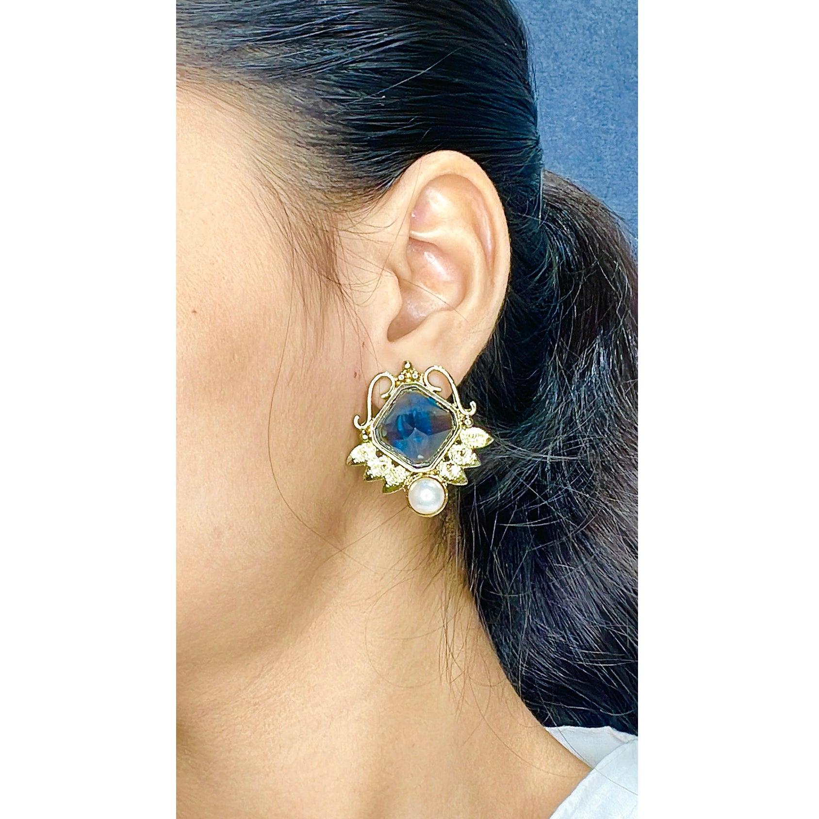 Faceted Blue Stone 18K Gold Plated Victorian Stud Earring Women Bulk