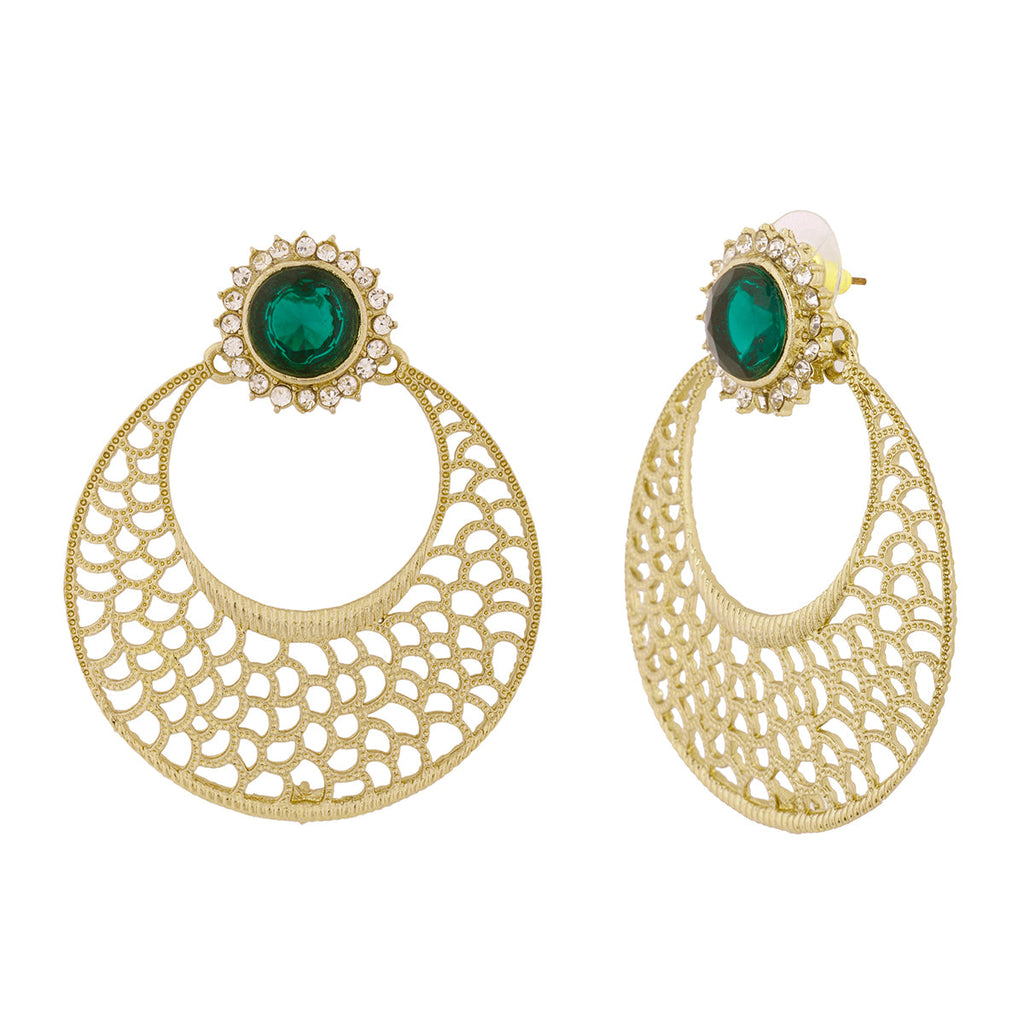 Chaand Bali Filigree Antique Rhodium Plated Green Earring For Women
