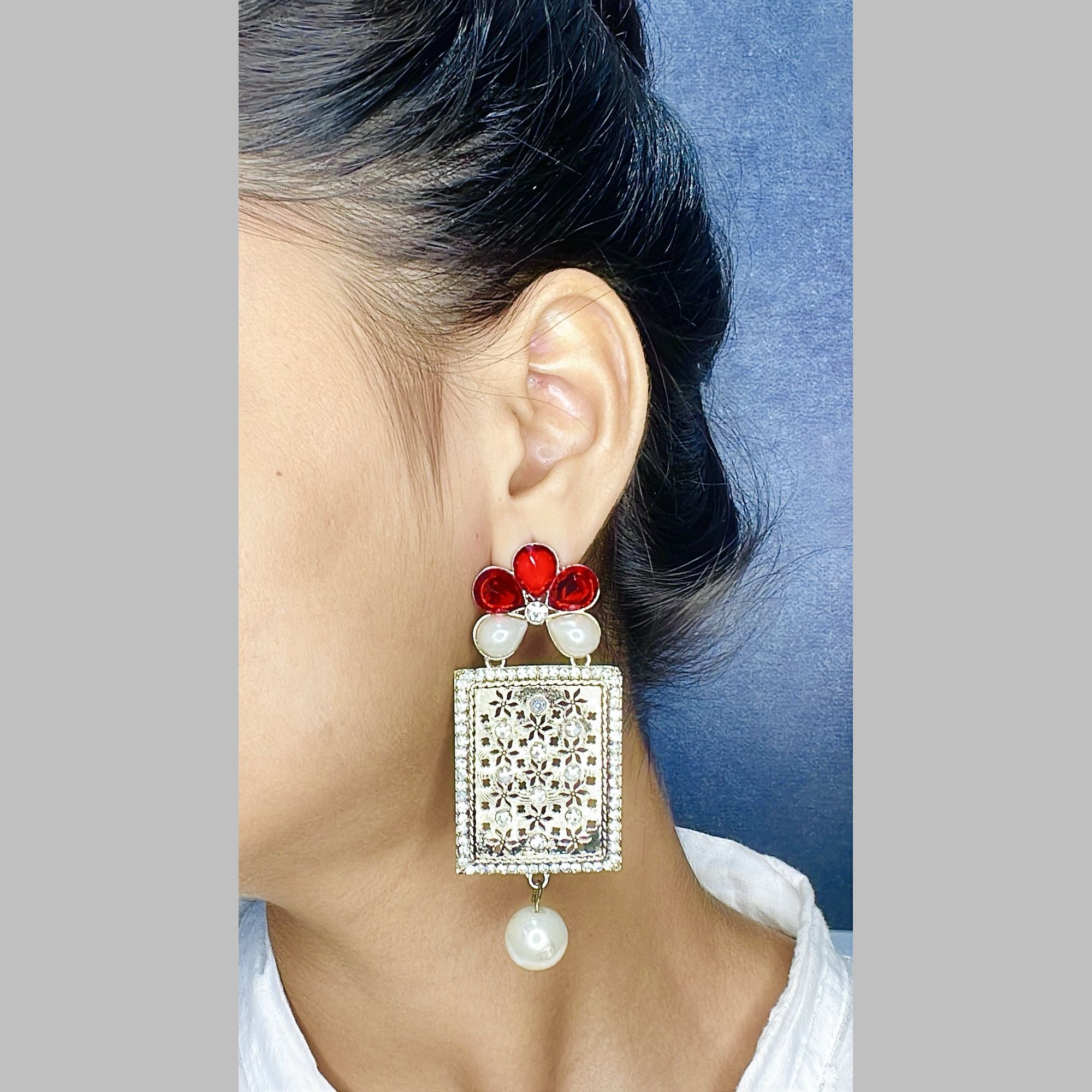 Designer American Diamond Ruby Red Pearl Rhodium Long Earring Bulk