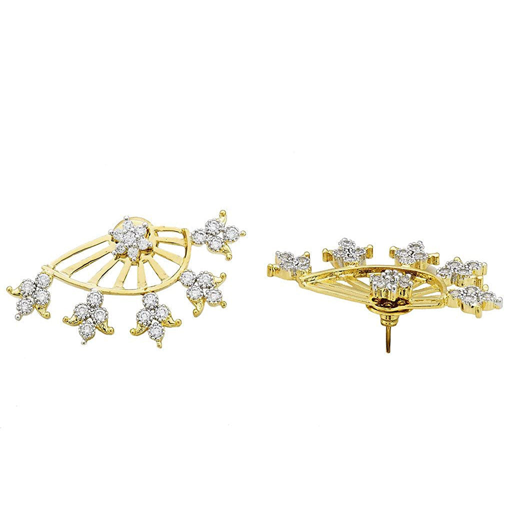Tri Flower 18K Gold Plated Ear Cuff Jacket Pair Stud Earring