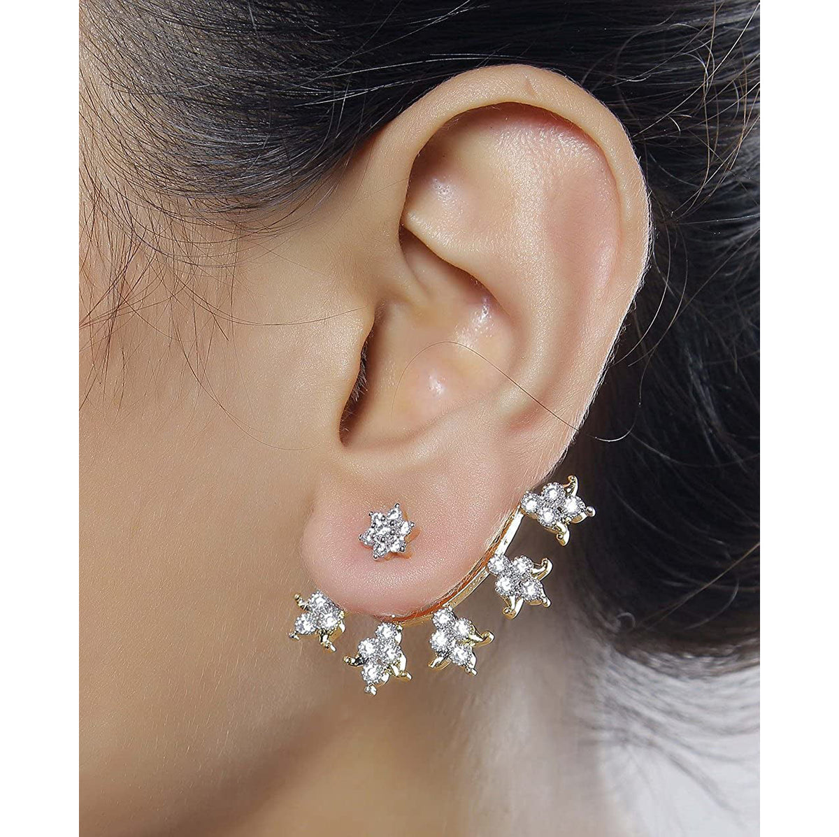 Tri Flower 18K Gold Plated Ear Cuff Jacket Pair Stud Earring