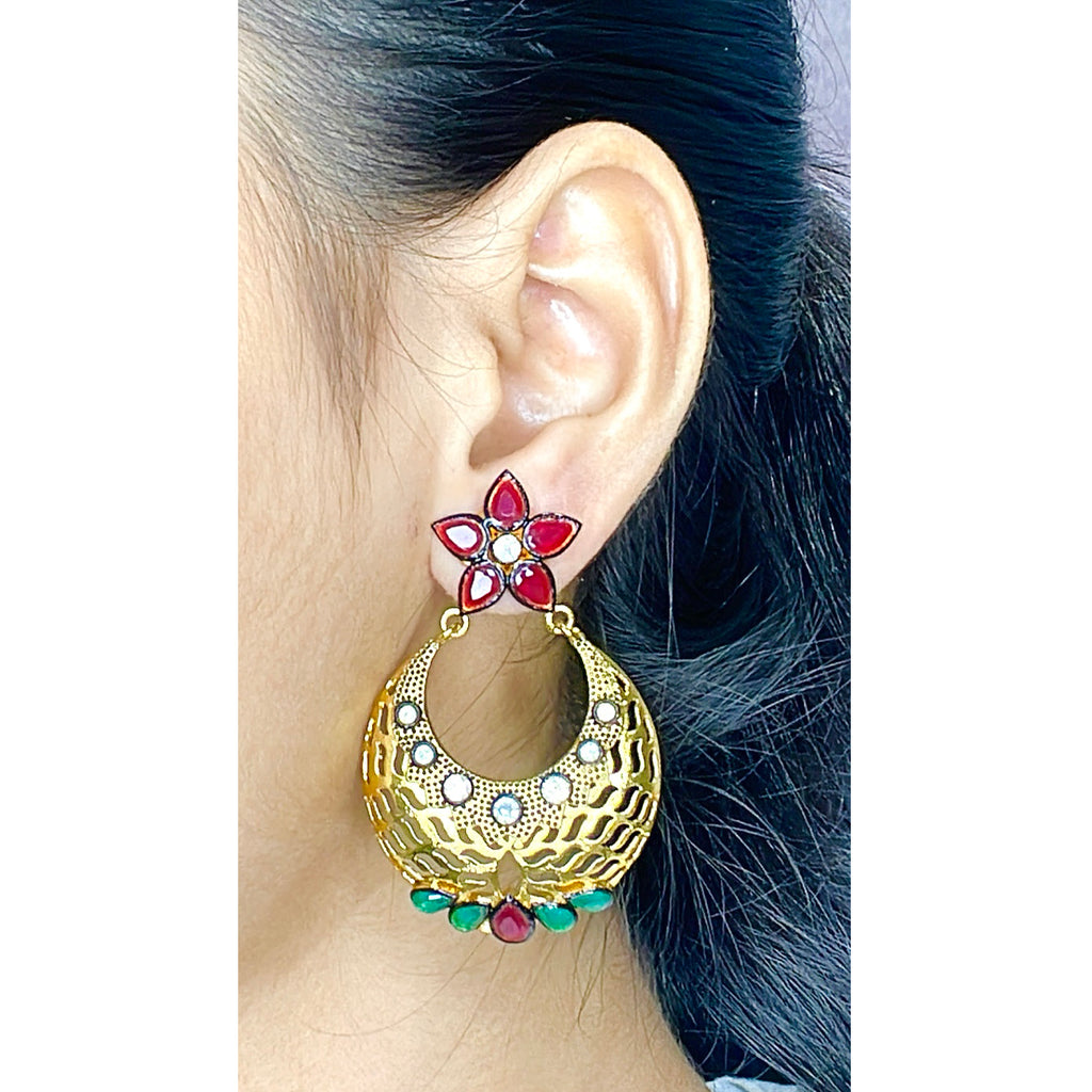Flower Chaand Bali Red Green American Diamond CZ Gold Earring Bulk