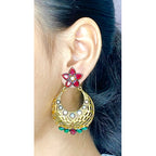 Flower Chaand Bali Red Green American Diamond CZ Gold Earring Bulk