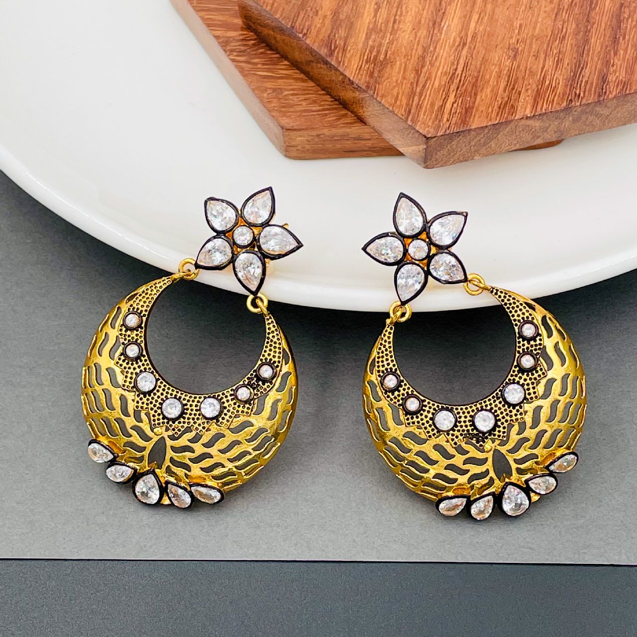 Flower Chaand Bali Kundan Polki American Diamond CZ Gold Earring Bulk