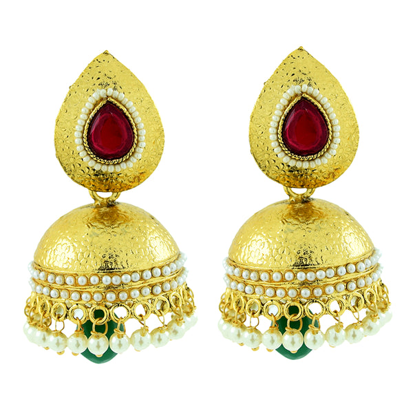 Traditional Matte Gold Plated Red Green Pearl Jhumki Earring For Women Main image