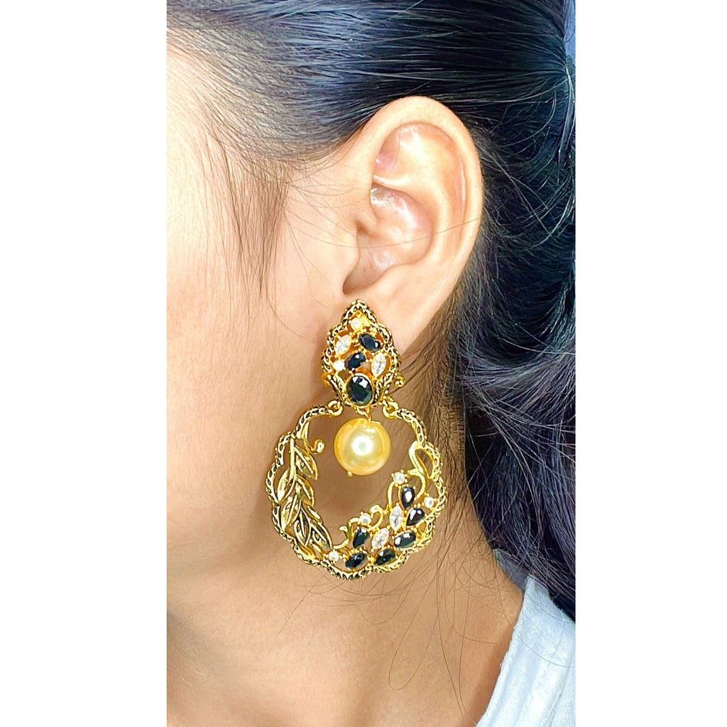 Antique Traditional 22K Gold Black Pearl Dangling Earring Women Bulk