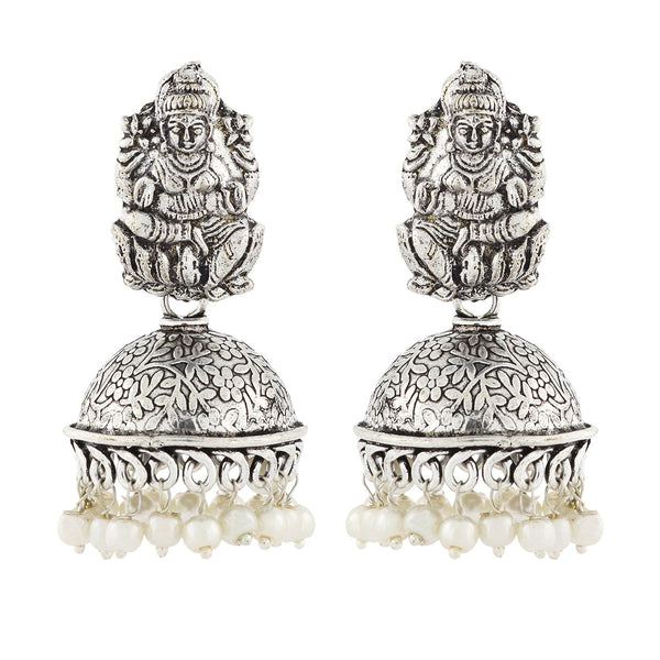 Temple Lakshmi Oxidized German Silver Pearl Floral Jhumki Earring Main image