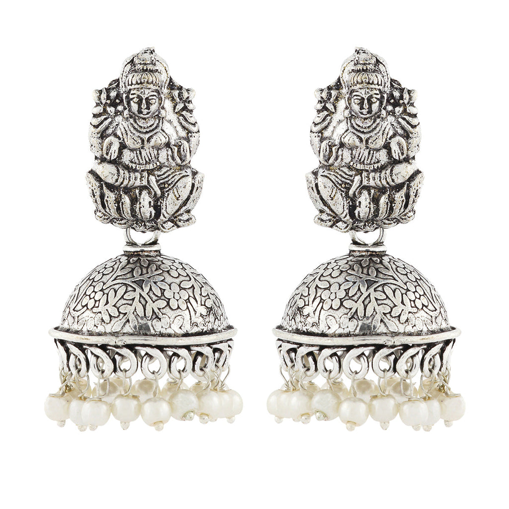 Temple Lakshmi Oxidized German Silver Pearl Floral Jhumki Earring