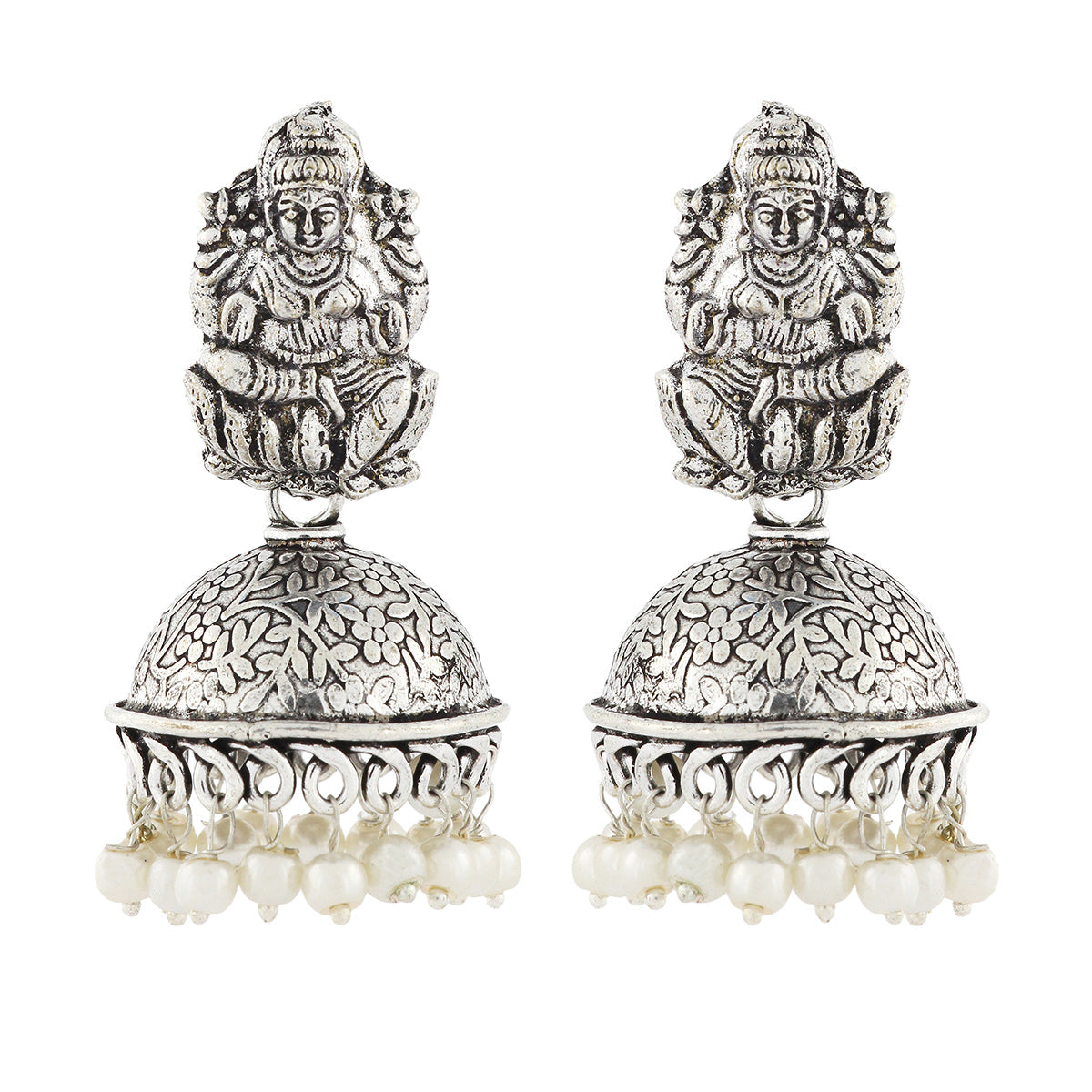 Temple Lakshmi Oxidized German Silver Pearl Floral Jhumki Earring
