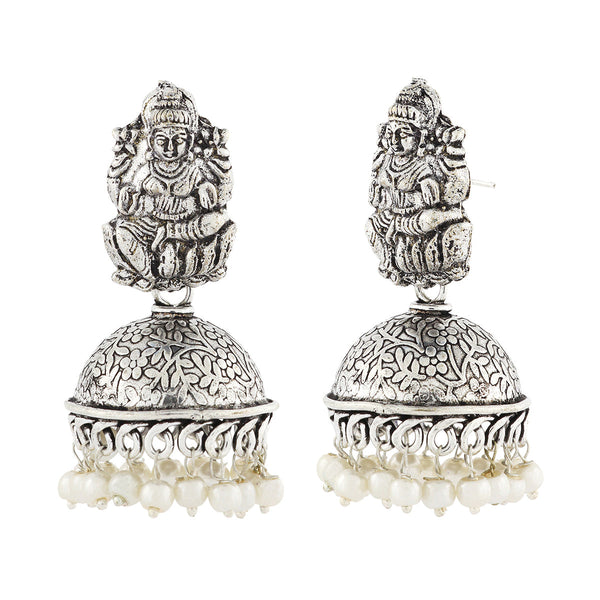 Temple Lakshmi Oxidized German Silver Pearl Floral Jhumki Earring Secondary image