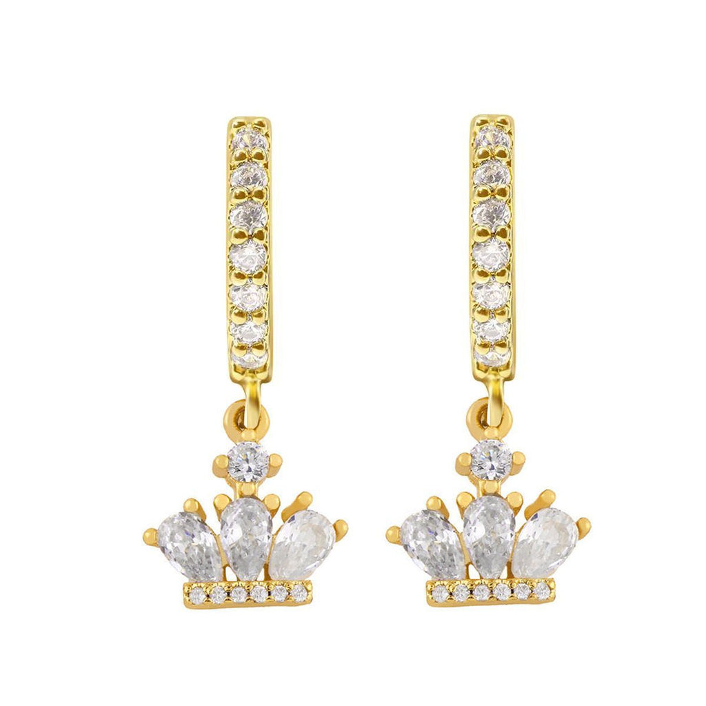 Crown Gold Brass American Diamond Hoop Drop Earring For Women Bulk