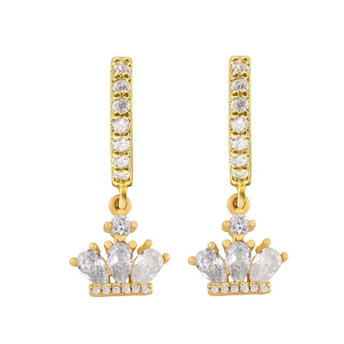 Crown Gold Brass American Diamond Hoop Drop Earring For Women Bulk
