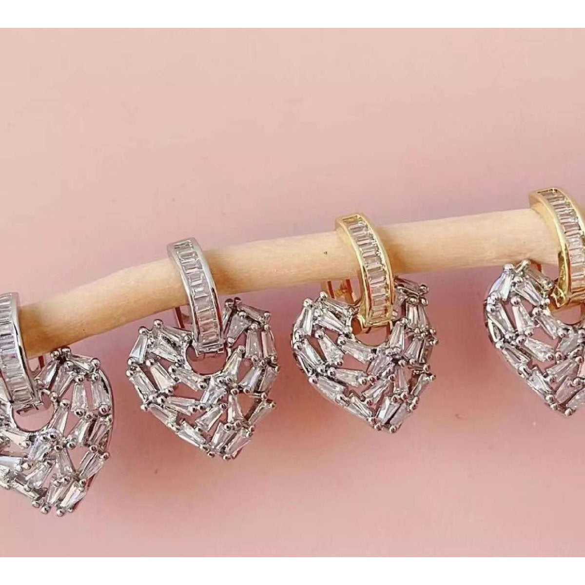 Love Heart Silver Baguette Cubic Zirconia Hoop Drop Earring Pair Bulk