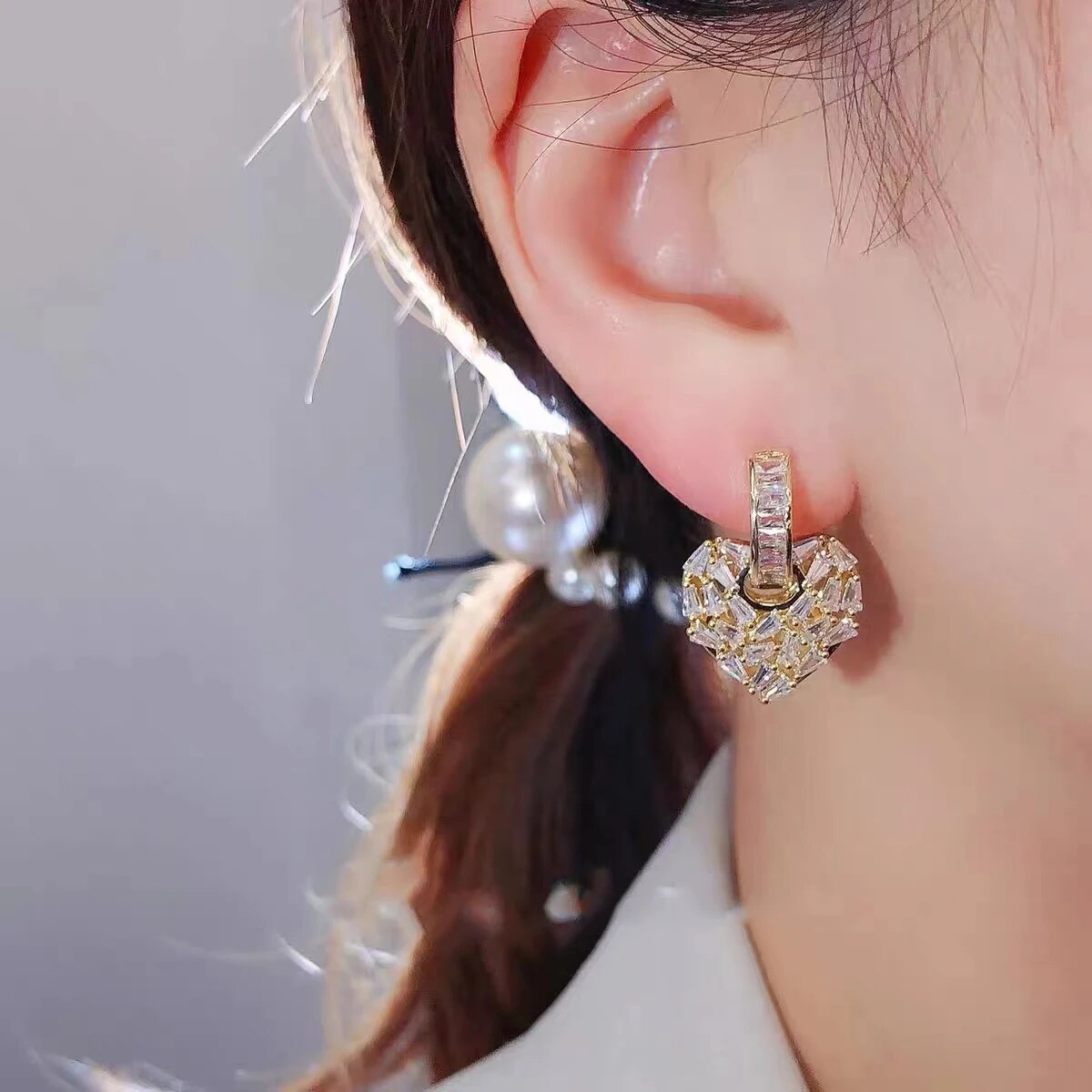 Love Heart Silver Baguette Cubic Zirconia Hoop Drop Earring Pair Bulk