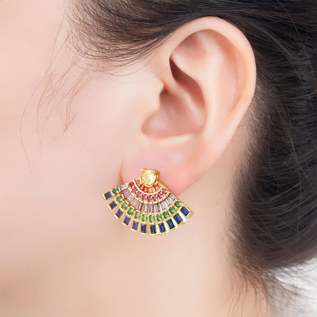 Smart Multi Color Fan Cubic Zirconia Gold Copper Earring Pair Bulk