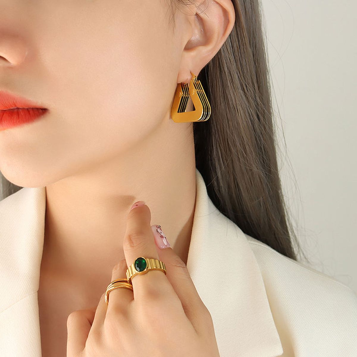 Layered 3D Triangle Chunky 18K Gold Anti Tarnish Hoop Earring Bulk