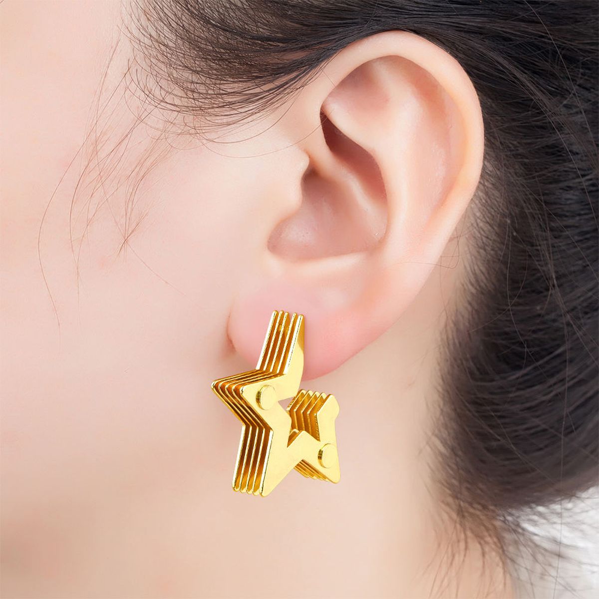 Layered 3D Star Chunky 18K Gold Anti Tarnish Hoop Earring Women Bulk