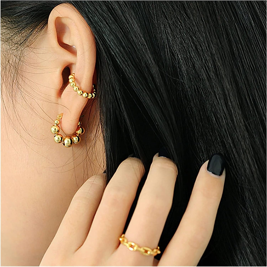 Glossy Balls 18K Gold Anti Tarnish Hoop Bali Earrings Pair Women Bulk