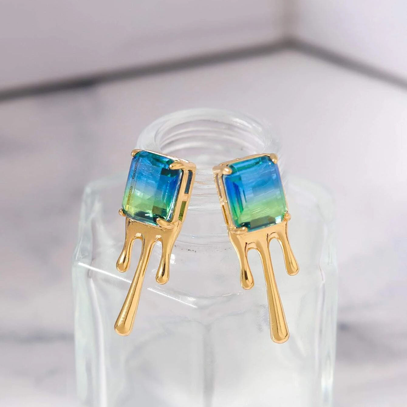 Blue Green Crystal 18K Frosted Gold Stud Earring Pair For Women Bulk