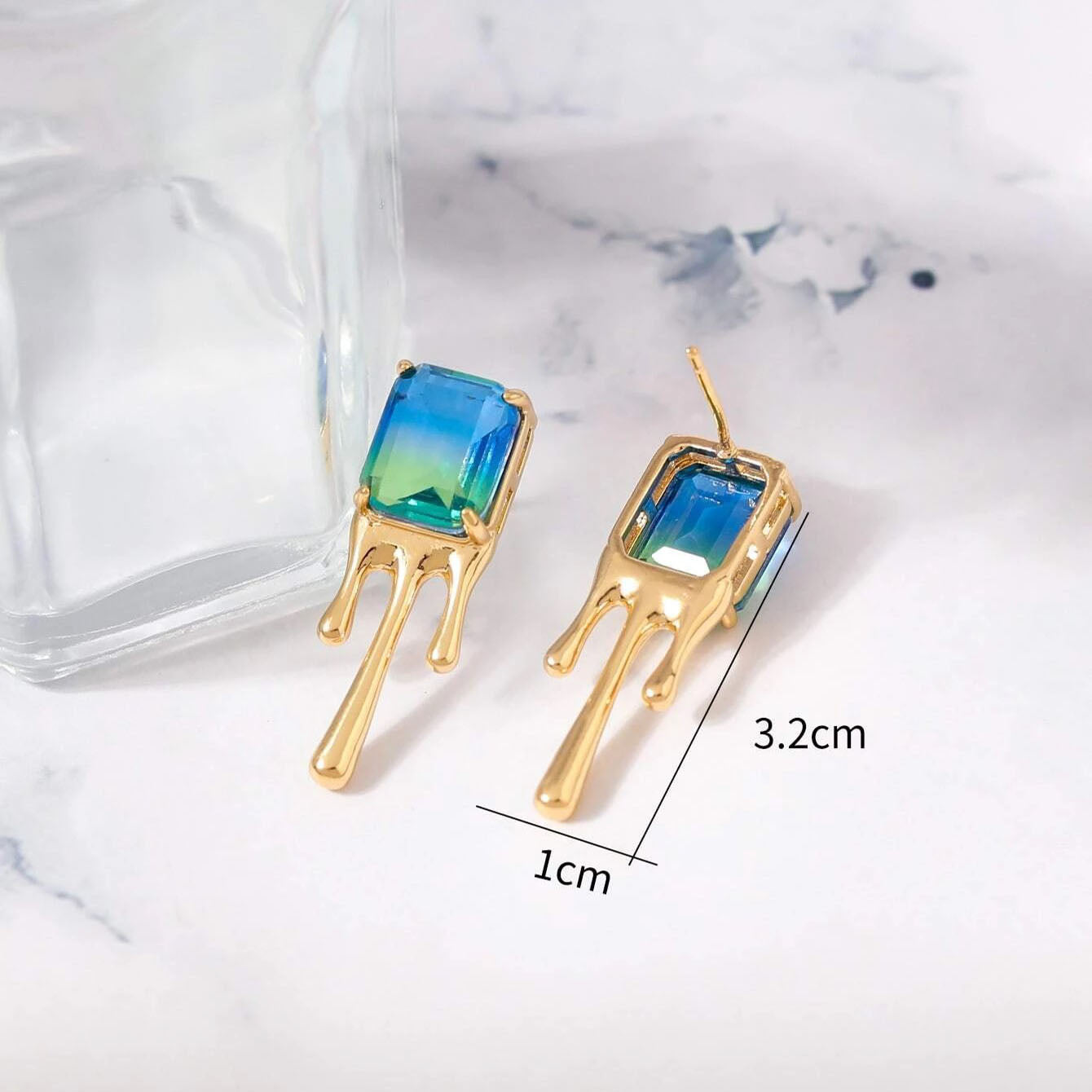 Blue Green Crystal 18K Frosted Gold Stud Earring Pair For Women Bulk