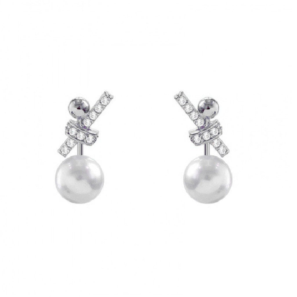 Ribbon Silver Pearl Cubic Zirconia Stud Earring For Women Bulk
