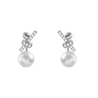 Ribbon Silver Pearl Cubic Zirconia Stud Earring For Women Bulk
