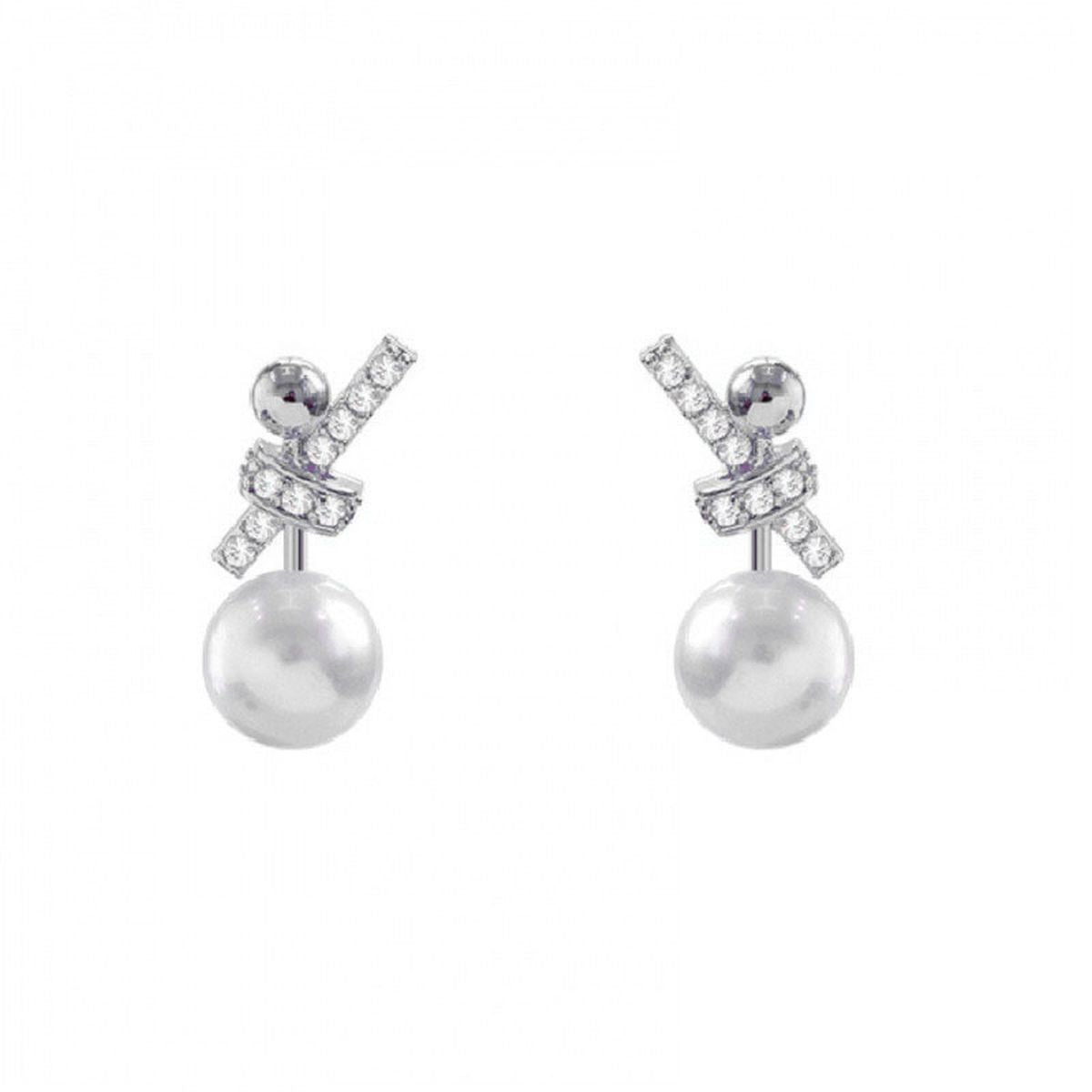 Ribbon Silver Pearl Cubic Zirconia Stud Earring For Women Bulk