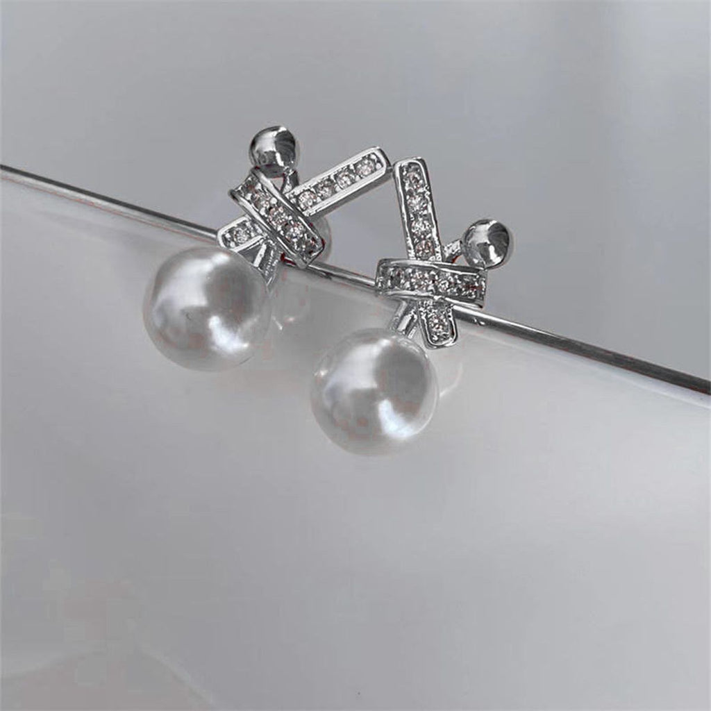 Ribbon Silver Pearl Cubic Zirconia Stud Earring For Women Bulk