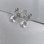 Ribbon Silver Pearl Cubic Zirconia Stud Earring For Women Bulk